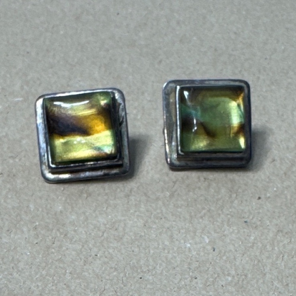Vintage BEST Clip On Earrings Green Gold Iridescent Glass Square Silver Tone